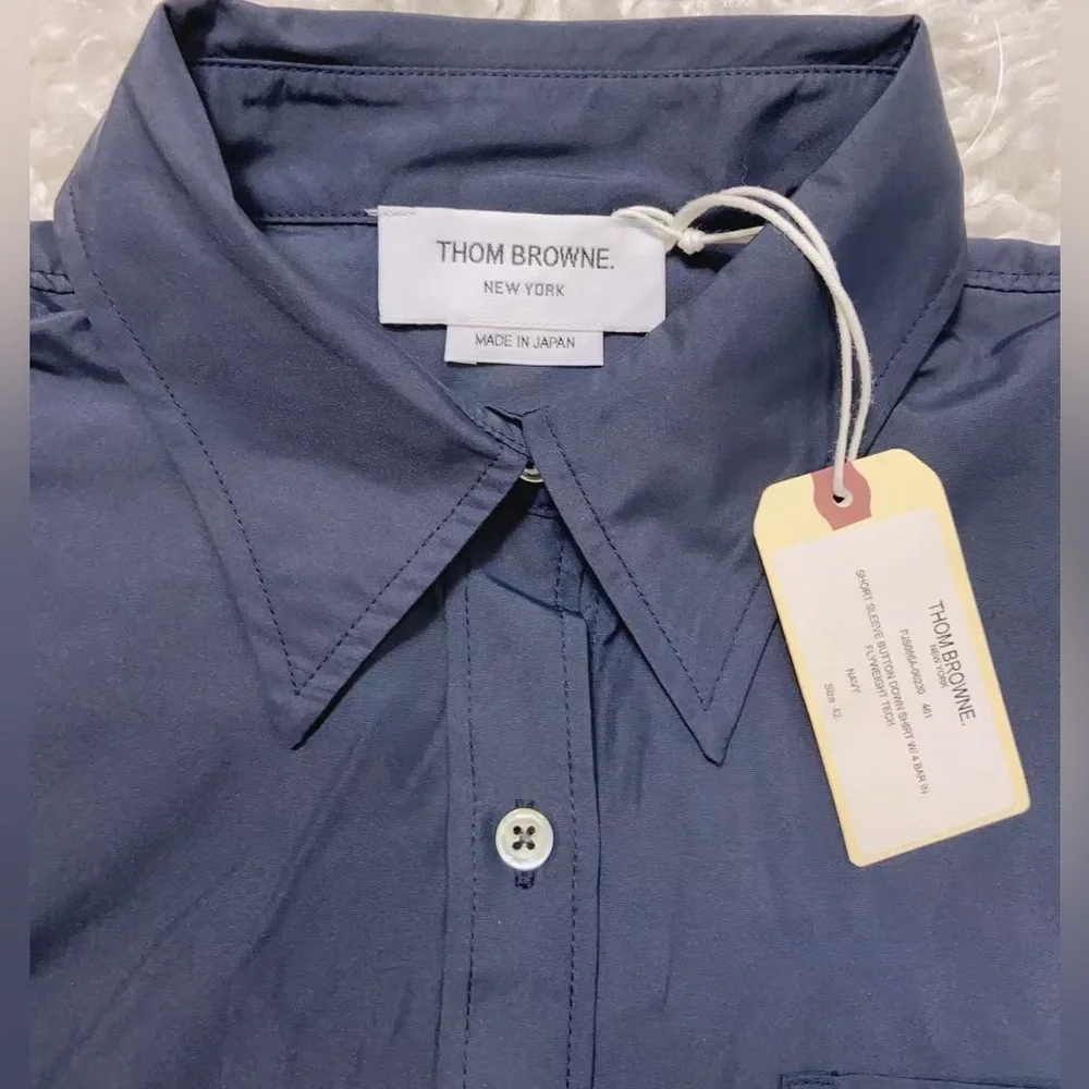 NWT Thom Browne Navy 4-Bar Flyweight Tech Short Sleeve Button Down Shirt - Picture 6 of 13